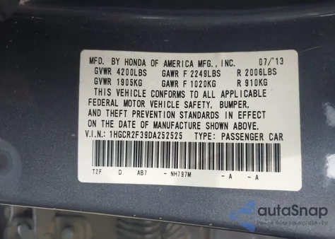 2013 Honda Accord Lx из США, поврежденный, VIN 1HGCR2F39DA252525